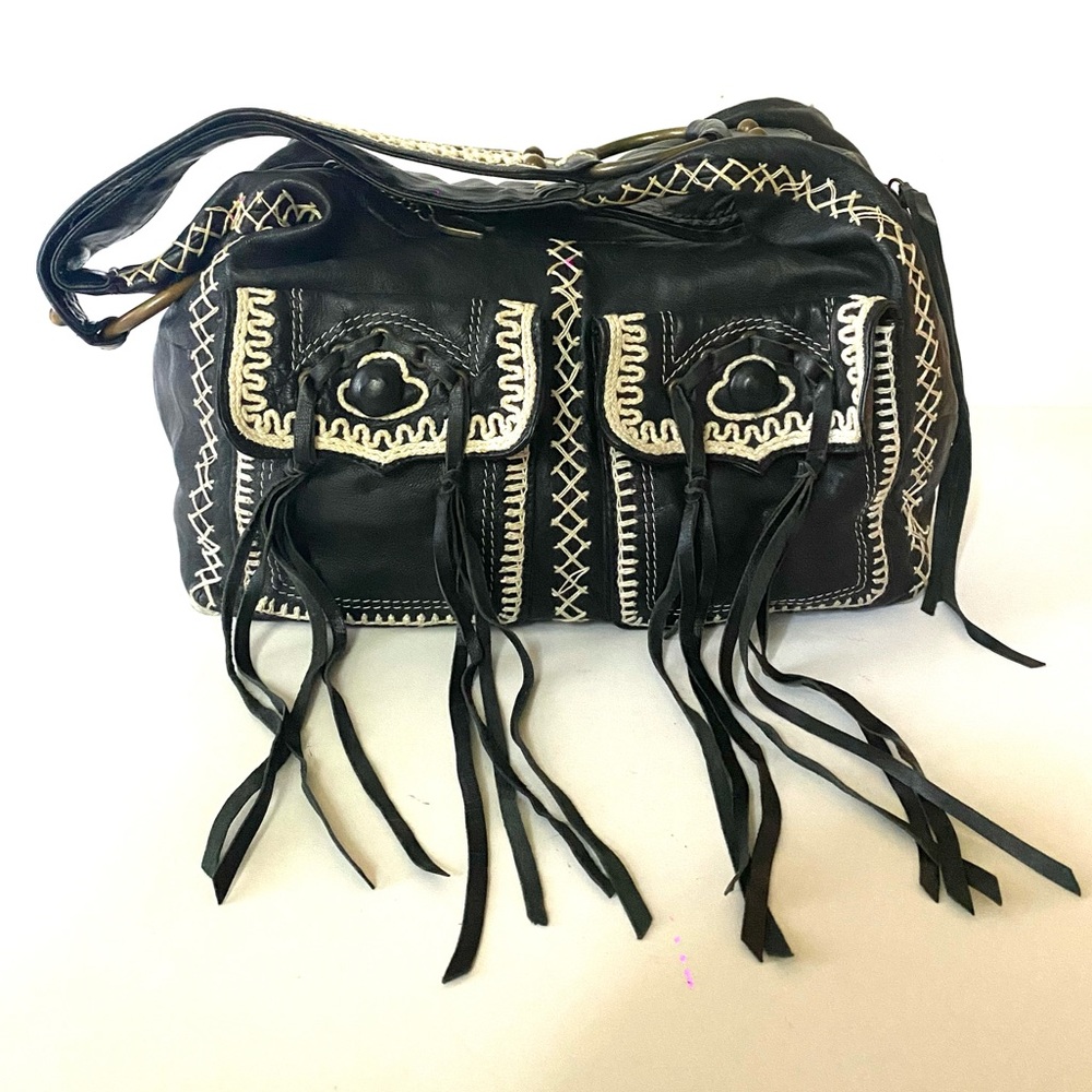 BETSEY JOHNSON Black Leather Fringe Bag